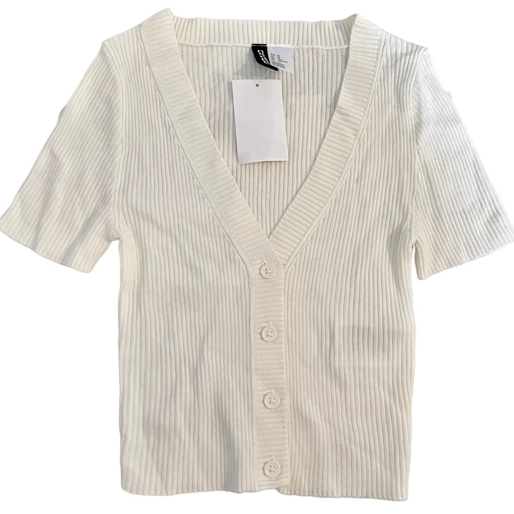 Fitted Rib-knit Top Button Front V Neck Crop Cardigan - Picture 5 of 9